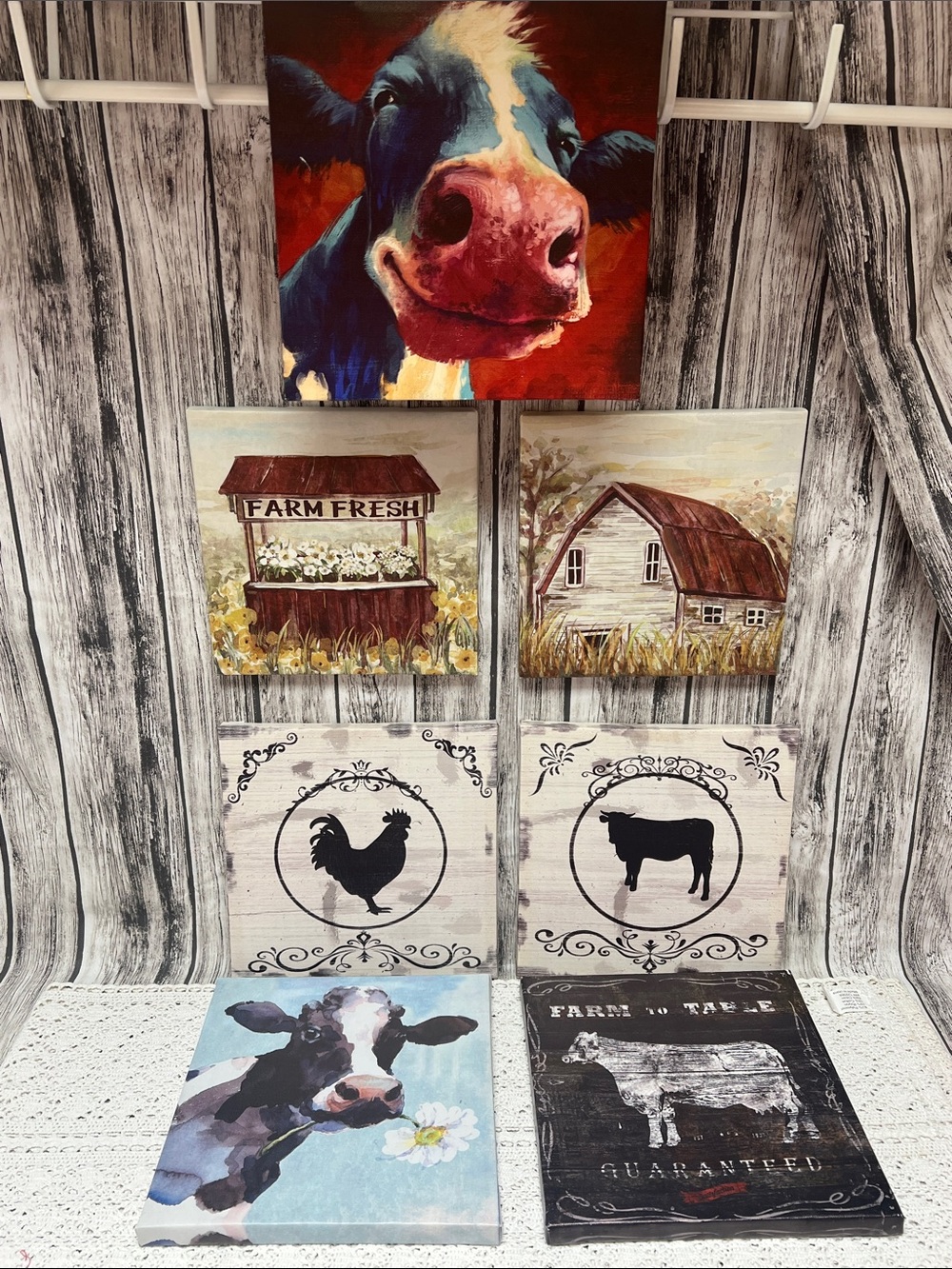 Farmhouse Animal Canvas Art Set - Cow & Barn Prints- Set of 7